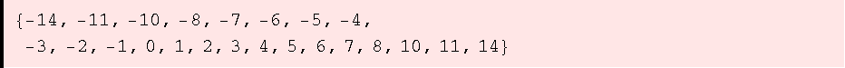 {-14, -11, -10, -8, -7, -6, -5, -4, -3, -2, -1, 0, 1, 2, 3, 4, 5, 6, 7, 8, 10, 11, 14}